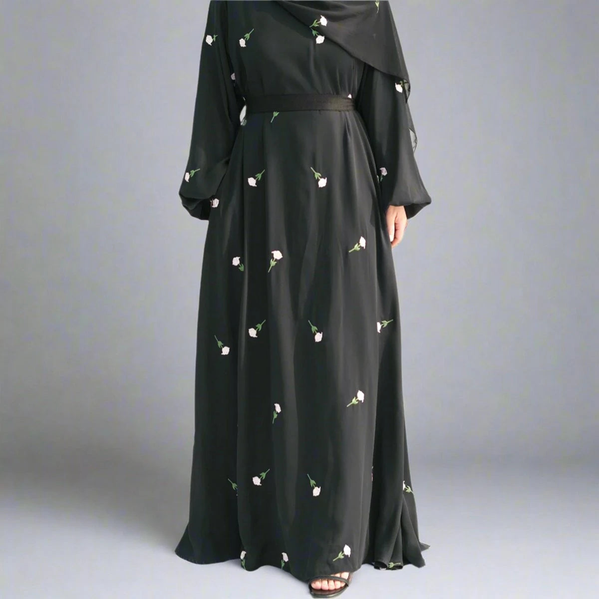 Flower Embroidery Nida Abaya Dress #25931