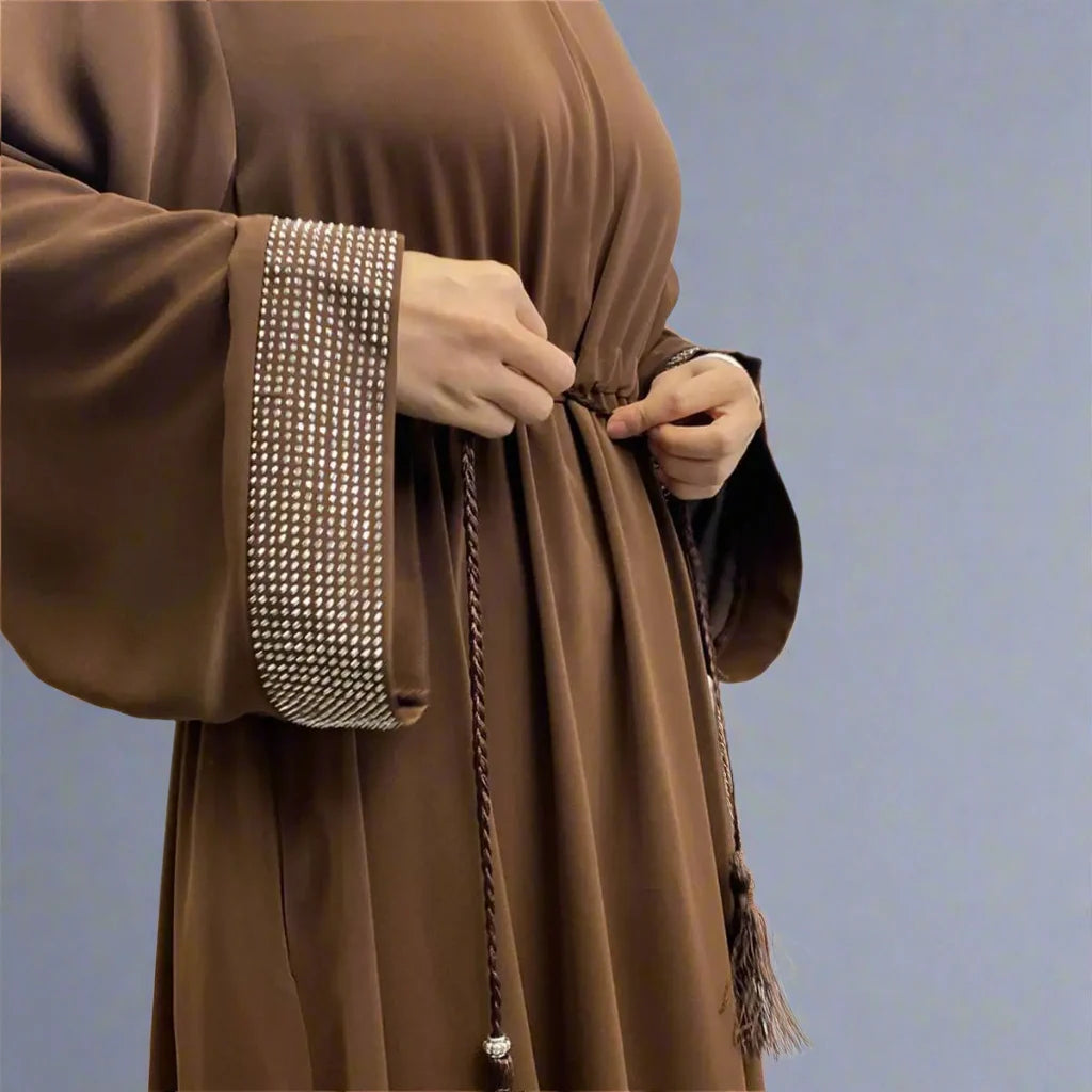 Hotfix Rhinestone Cuff Abaya Dress With Pocket