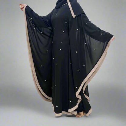 With Hijab Scarf Beads Batwing Sleeve Chiffon Farasha Abaya Dress