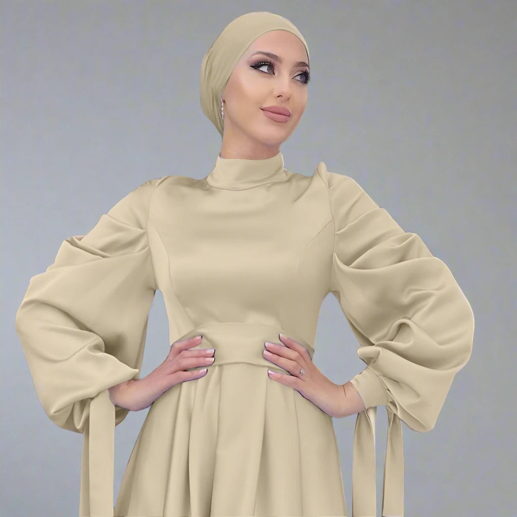 beige dress with hijab Muslim Women Plain Satin Abaya Dress With Hijab Scarf – Urgarment