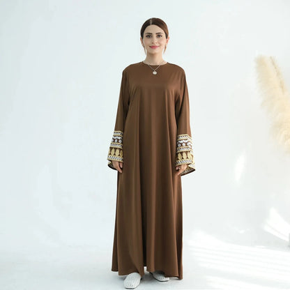 Embroidery Cuff Satin Abaya Dress #24880