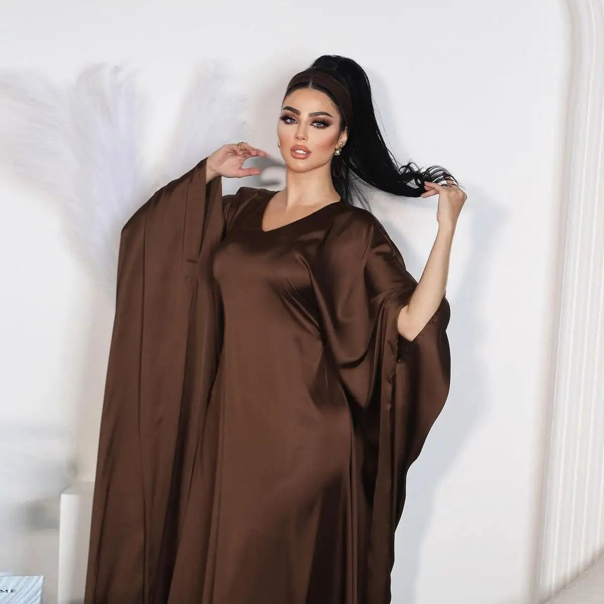 Coffee Satin Batwing Sleeve Farasha Abaya Dress