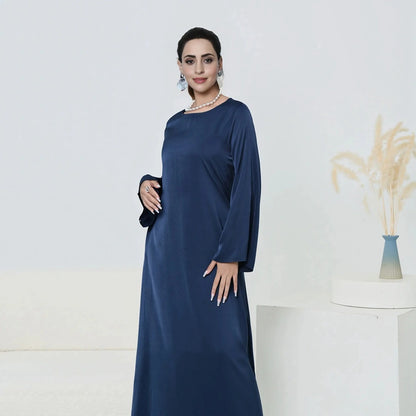 Muslim Women Solid Color Satin Abaya Robe Dress With Pocket And Belt