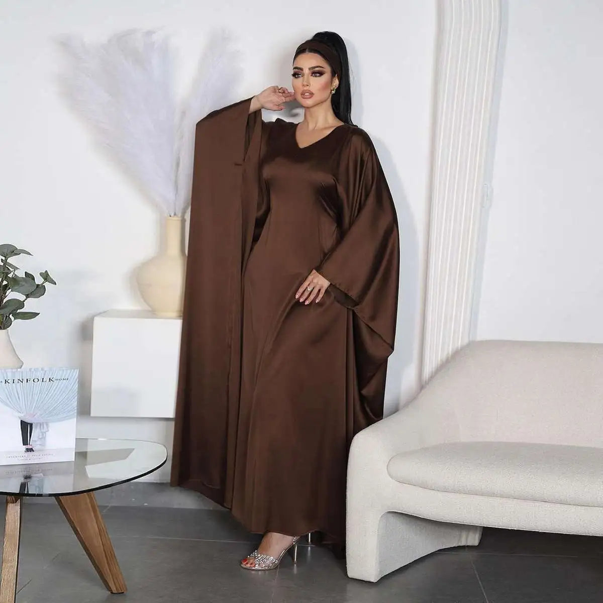 Coffee Satin Batwing Sleeve Farasha Abaya Dress