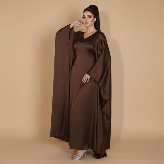 Coffee Satin Batwing Sleeve Farasha Abaya Dress