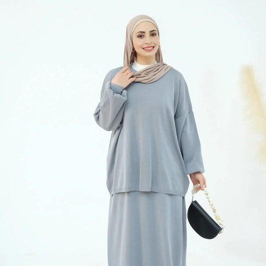 Winter Fall Muslim Women Thick Knitted 2 Pieces Set Tops And Skirt Suit Set #25929