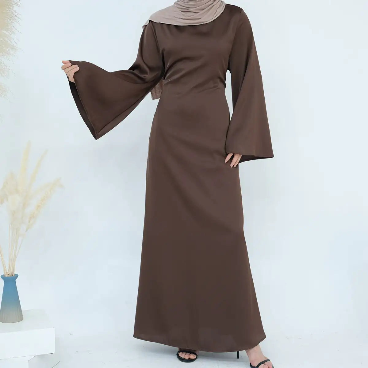 Adjustable Belt Satin Abaya Dress