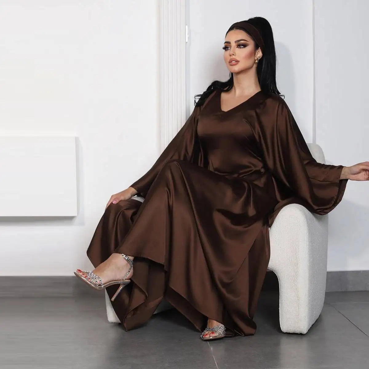 Coffee Satin Batwing Sleeve Farasha Abaya Dress