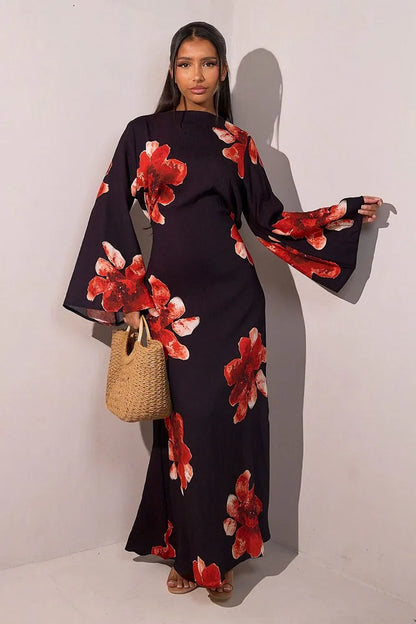 Urgarment Satin Printed Abaya Dress With Belt #251063
