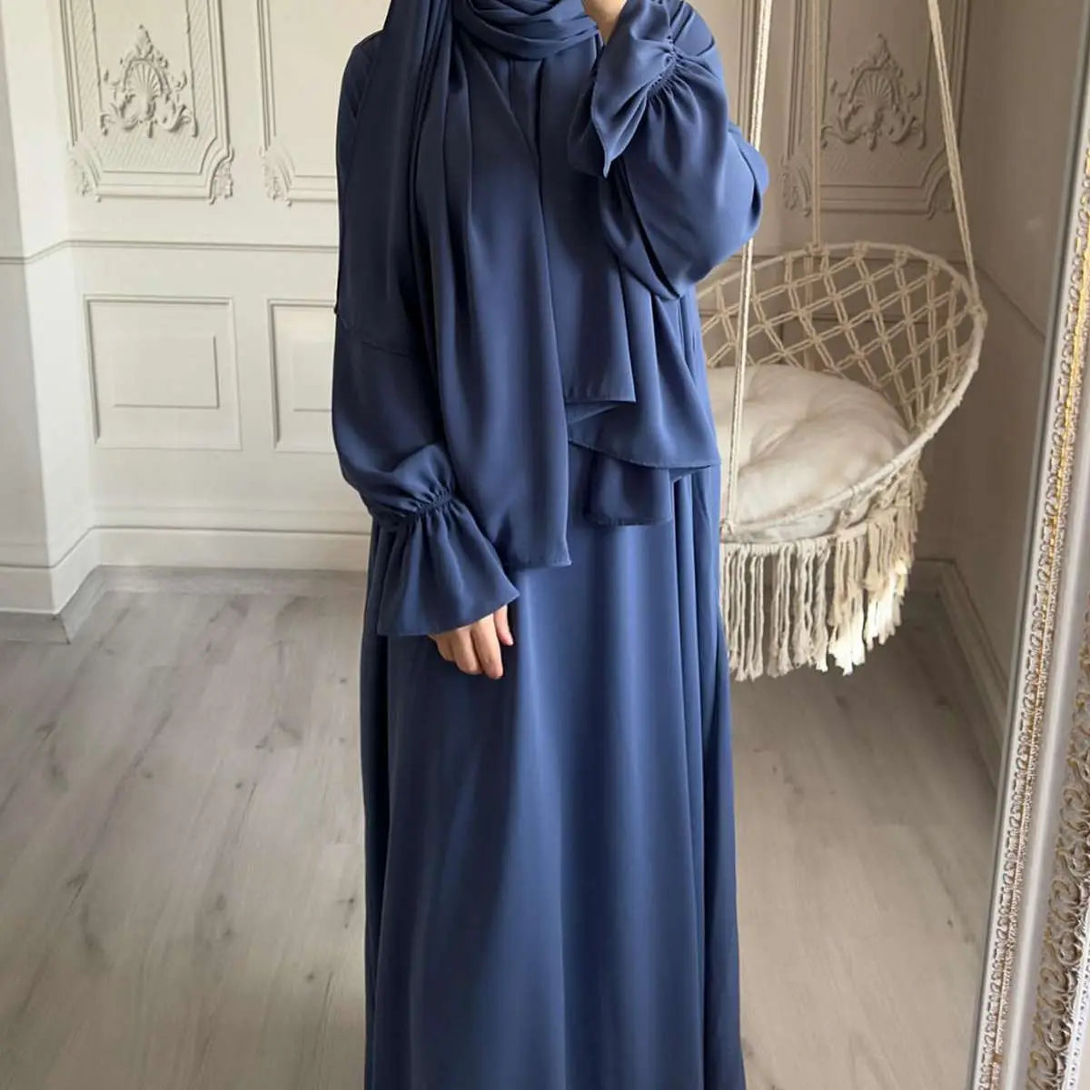 Dubai Yoke embroidered Pleated Bell sleeve Flare Abaya Black