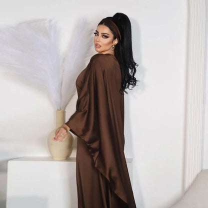 Coffee Satin Batwing Sleeve Farasha Abaya Dress