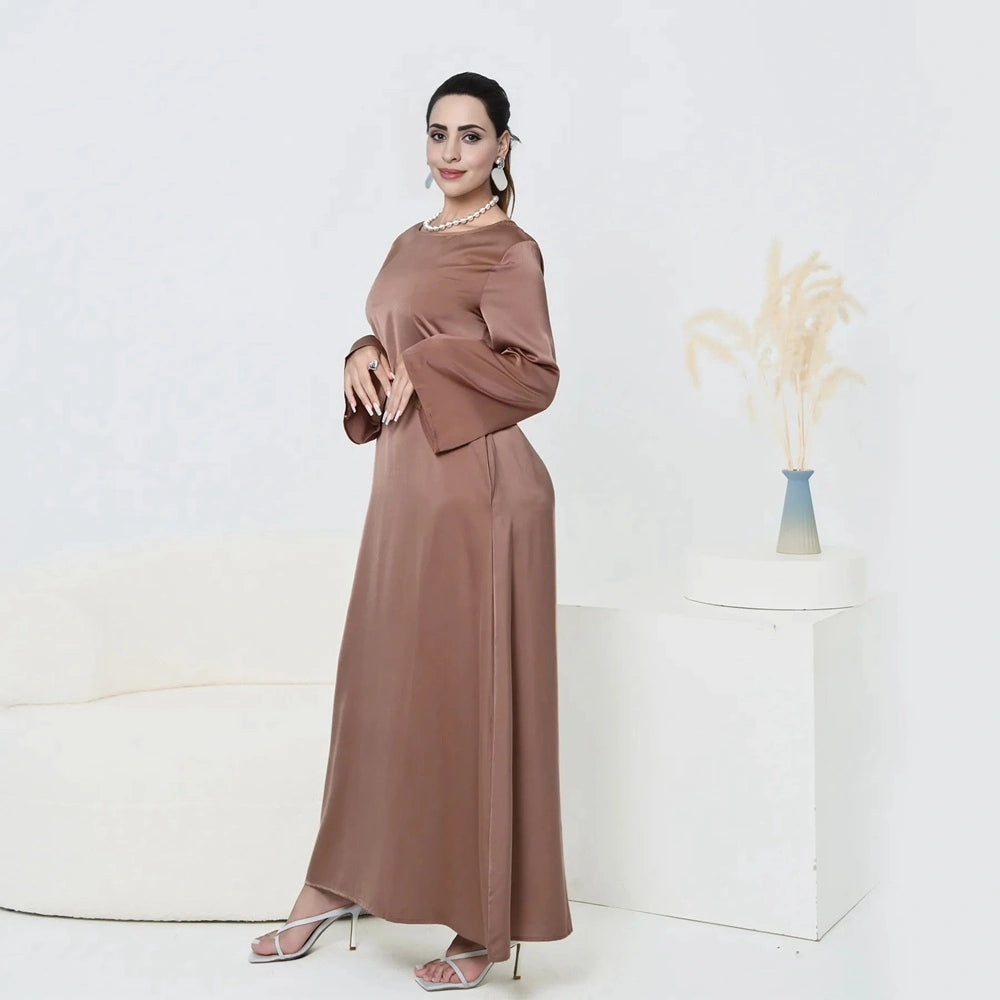Muslim Women Solid Color Satin Abaya Robe Dress With Pocket And Belt