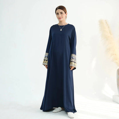 Embroidery Cuff Satin Abaya Dress #24880