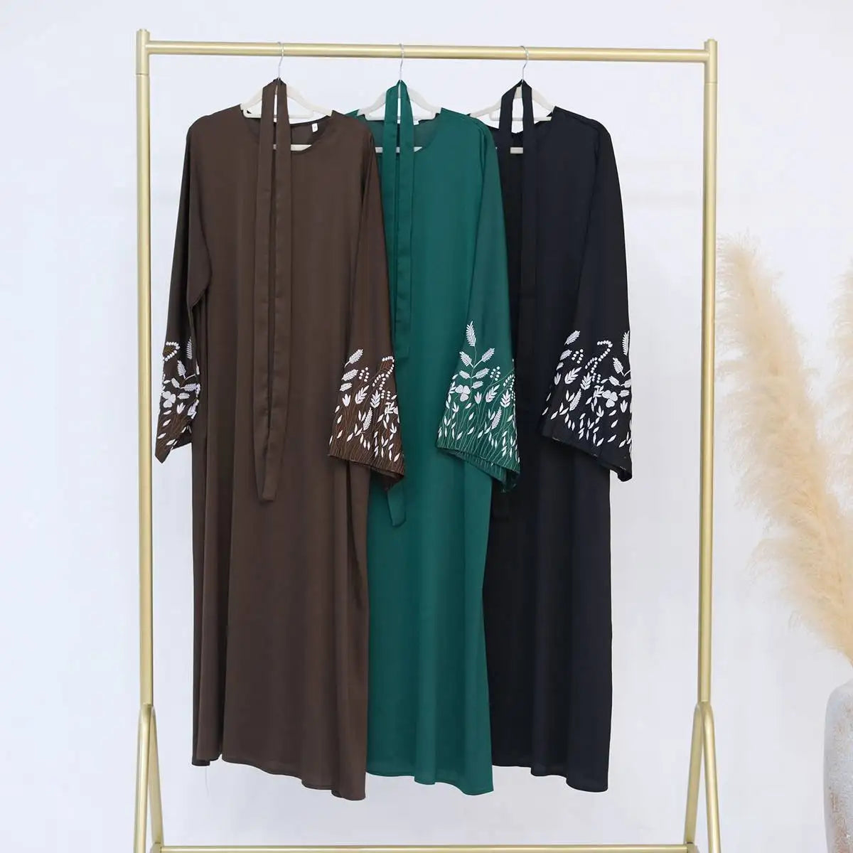 Leaf Embroidery Nida Abaya Dress