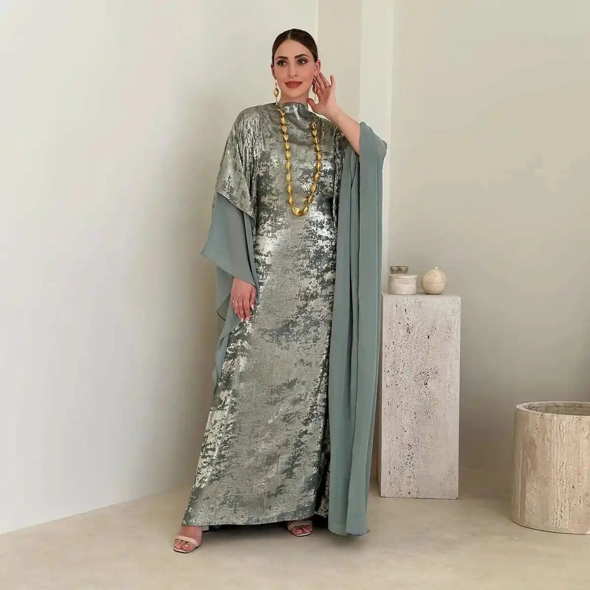 Bronzing Batwing Sleeve Farasha Abaya Dress For Muslim Women #25233