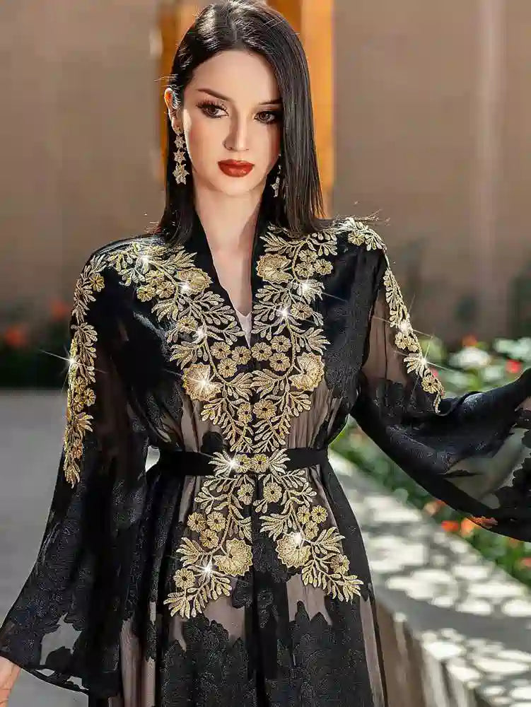 2 Pieces Set Lace Embroidery Open Abaya Dress Set With Inner Sleeveless Dress #255228