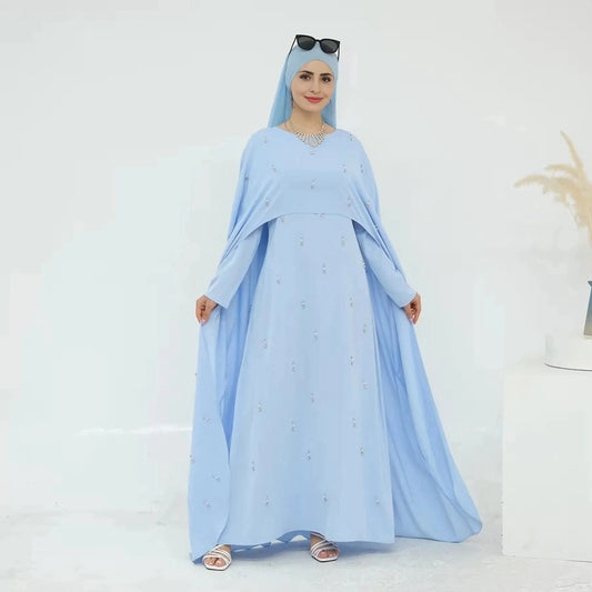 2 Pieces Set Beads Nida Abaya Dress With Cape #25997