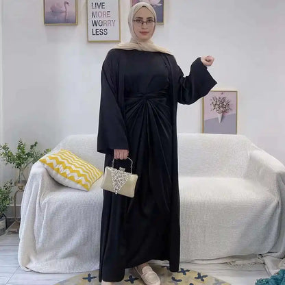 2 Pieces Set Muslim Women Solid Color Open Cardigan Abaya Dress Suit