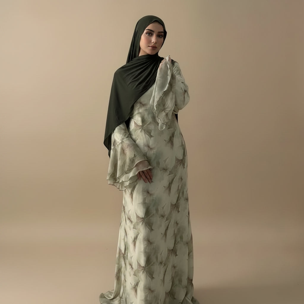 Muslim Women Chiffon Printed Abaya Dress With Lining #261338