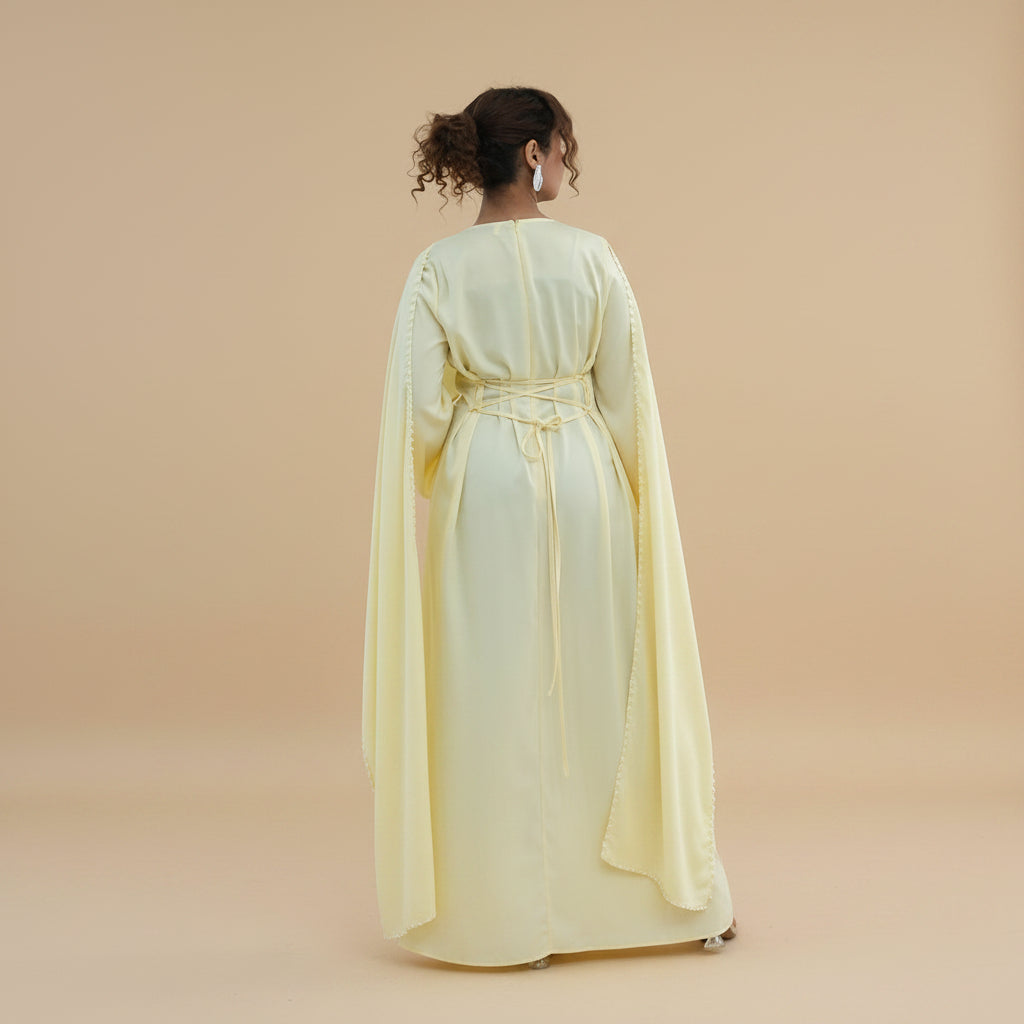 Embellished Beads Cape Abaya Dress For Women - Satin - #261134