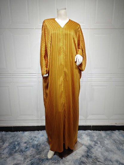 Yellow - 2XL - 2 Pieces Set Shining Jacquard Women Abaya Dress With Inner Sleeveless Dress