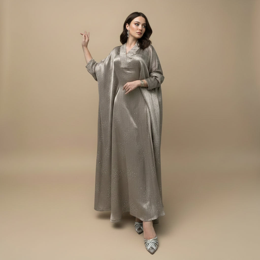 Muslim Women Hotfix Rhinestones Satin Farasha Batwing Sleeve Abaya Dress #26180