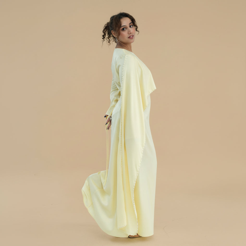 Embellished Beads Cape Abaya Dress For Women - Satin - #261134