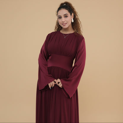 Muslim Women Double-layer Chiffon Waist Abaya Dress #261330