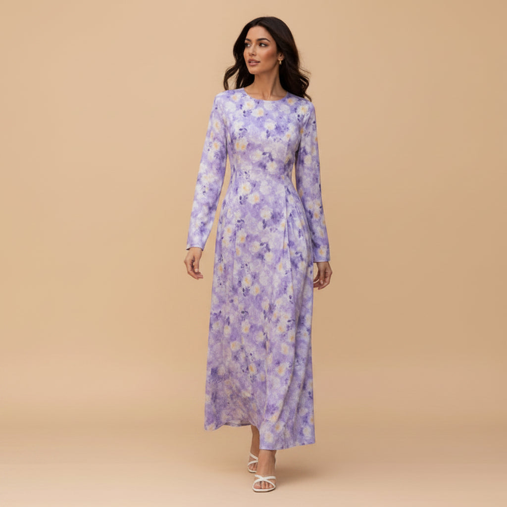 Muslim Women Printed Abaya Dress With Cotton Lining and Back Strap #261373