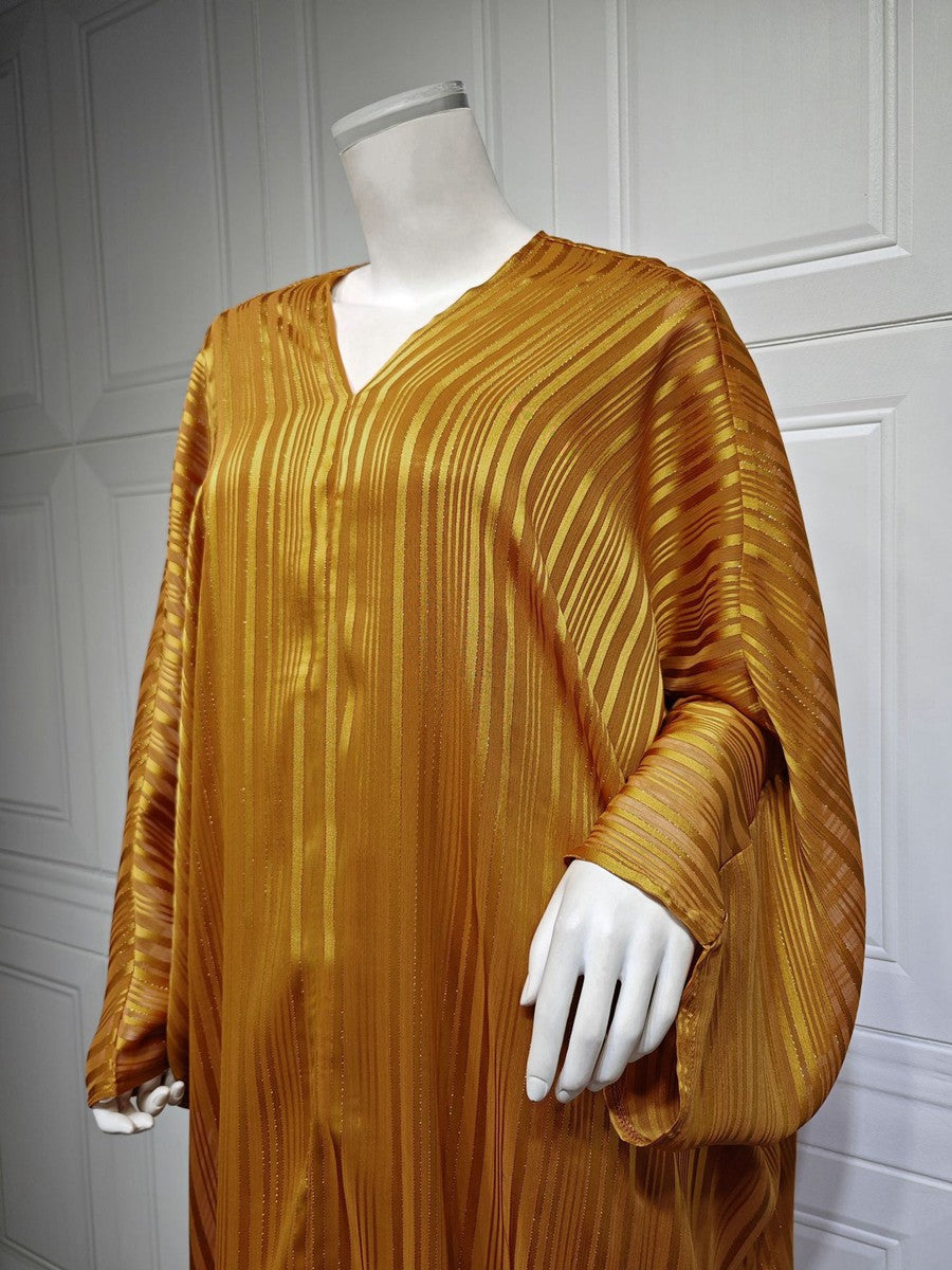 Yellow - 2XL - 2 Pieces Set Shining Jacquard Women Abaya Dress With Inner Sleeveless Dress