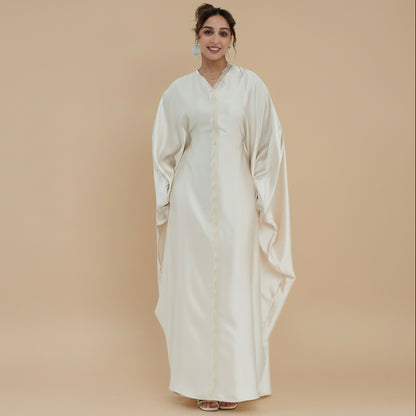 Lace Patchwork Satin Abaya Dress For Women - White/Gray/Coffee/Black - #261270