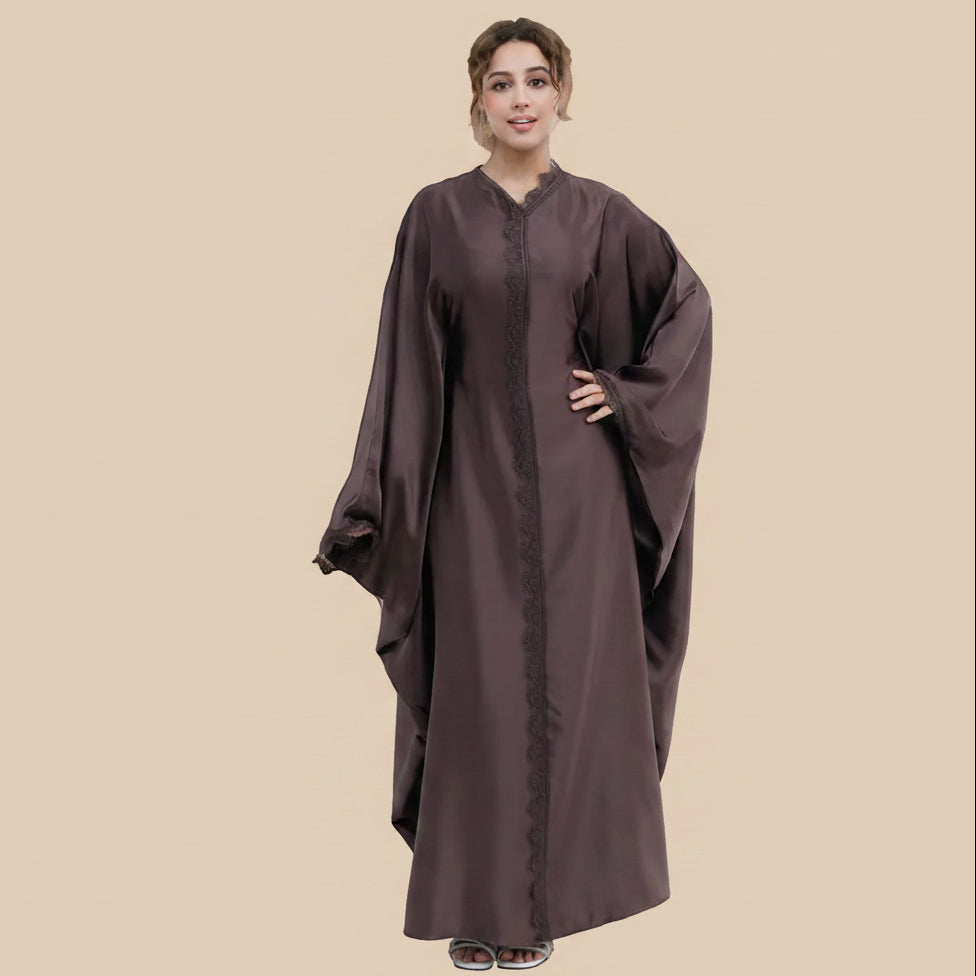 Lace Patchwork Satin Abaya Dress For Women - White/Gray/Coffee/Black - #261270