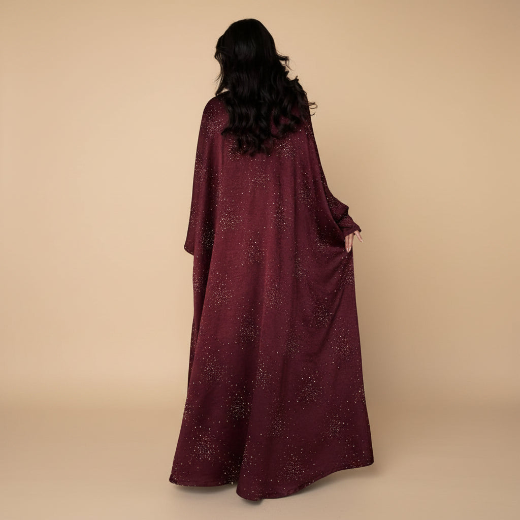 Muslim Women Hotfix Rhinestones Satin Farasha Batwing Sleeve Abaya Dress #26180