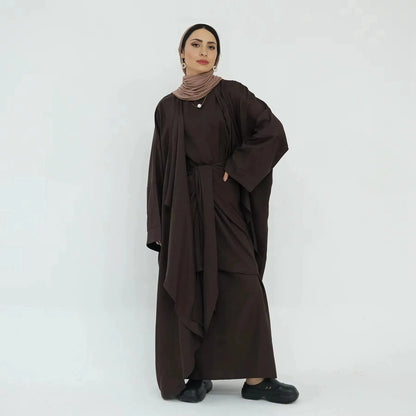 2 Pieces Set Wrinkle Open Abaya Dress Set With Inner Sleeveless Dress