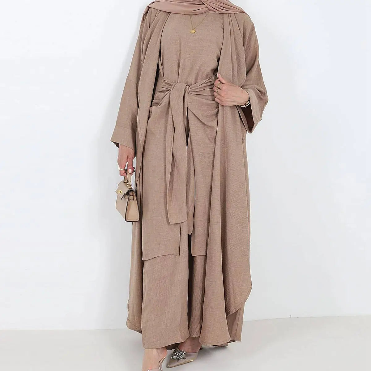 2 Pieces Set Wrinkle Open Abaya Dress Set With Inner Sleeveless Dress