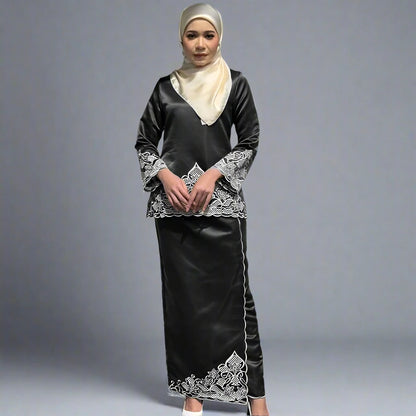 2 Pieces Set Satin Malaysian Embroidery Tops And Skirt Suit