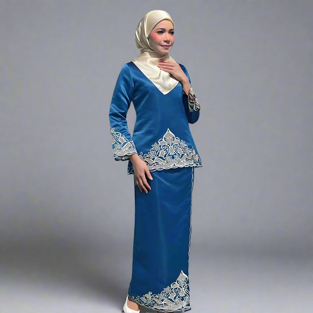 2 Pieces Set Satin Malaysian Embroidery Tops And Skirt Suit