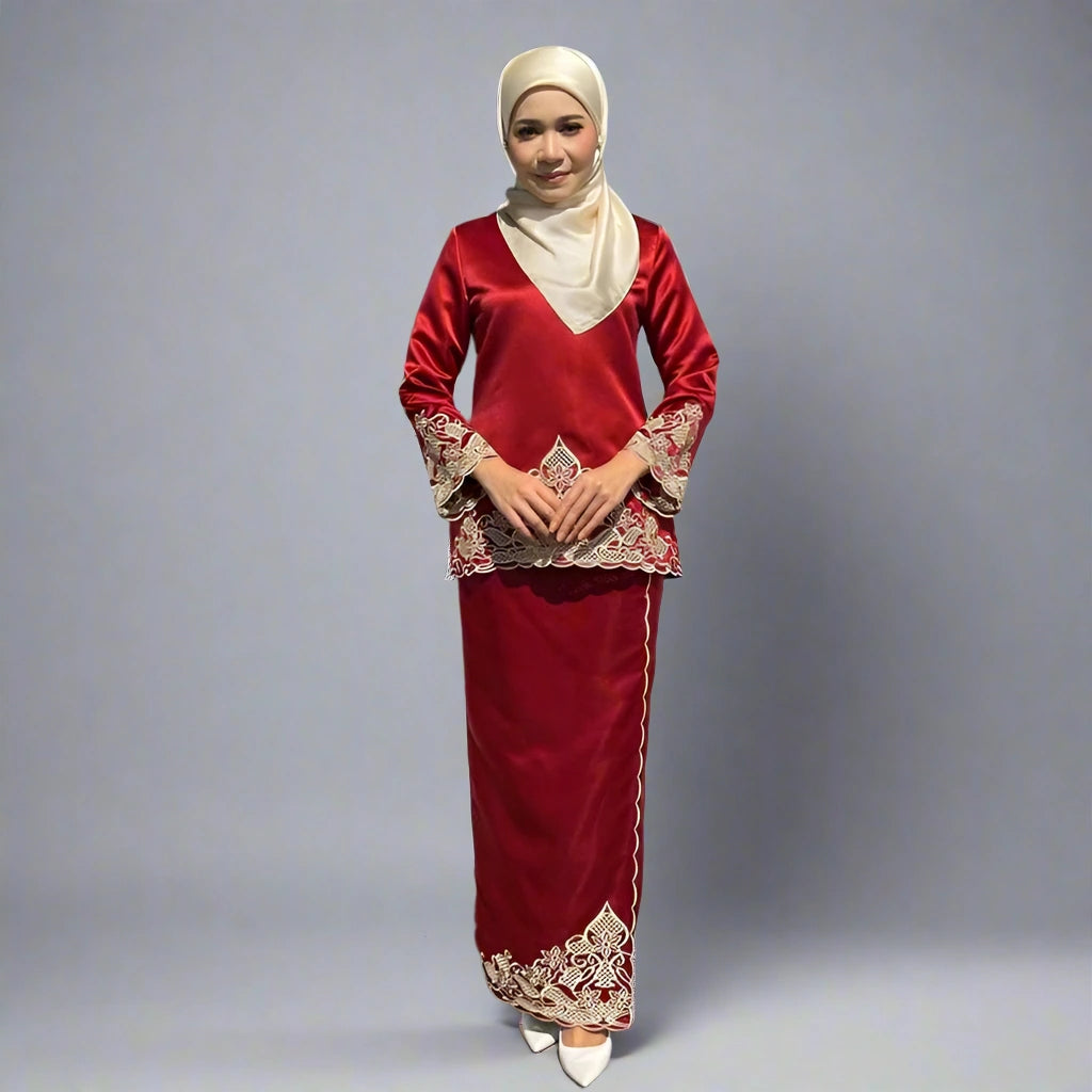 2 Pieces Set Satin Malaysian Embroidery Tops And Skirt Suit