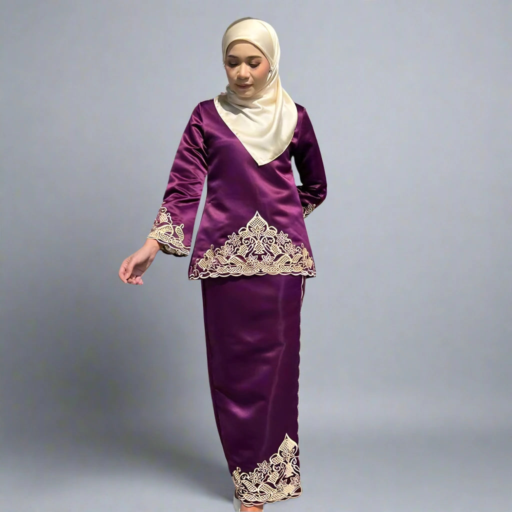 2 Pieces Set Satin Malaysian Embroidery Tops And Skirt Suit