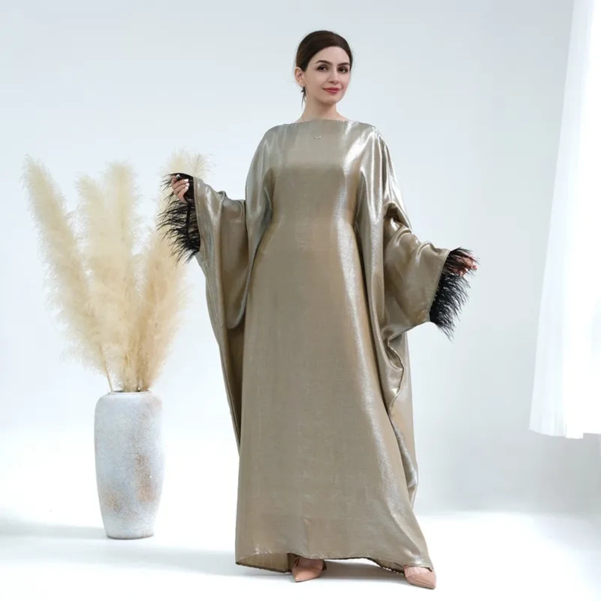 Muslim Women Feather Sleeve Nylon Cotton Abaya Dress