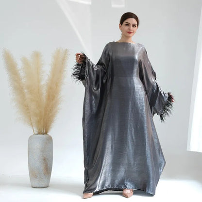 Muslim Women Feather Sleeve Nylon Cotton Abaya Dress