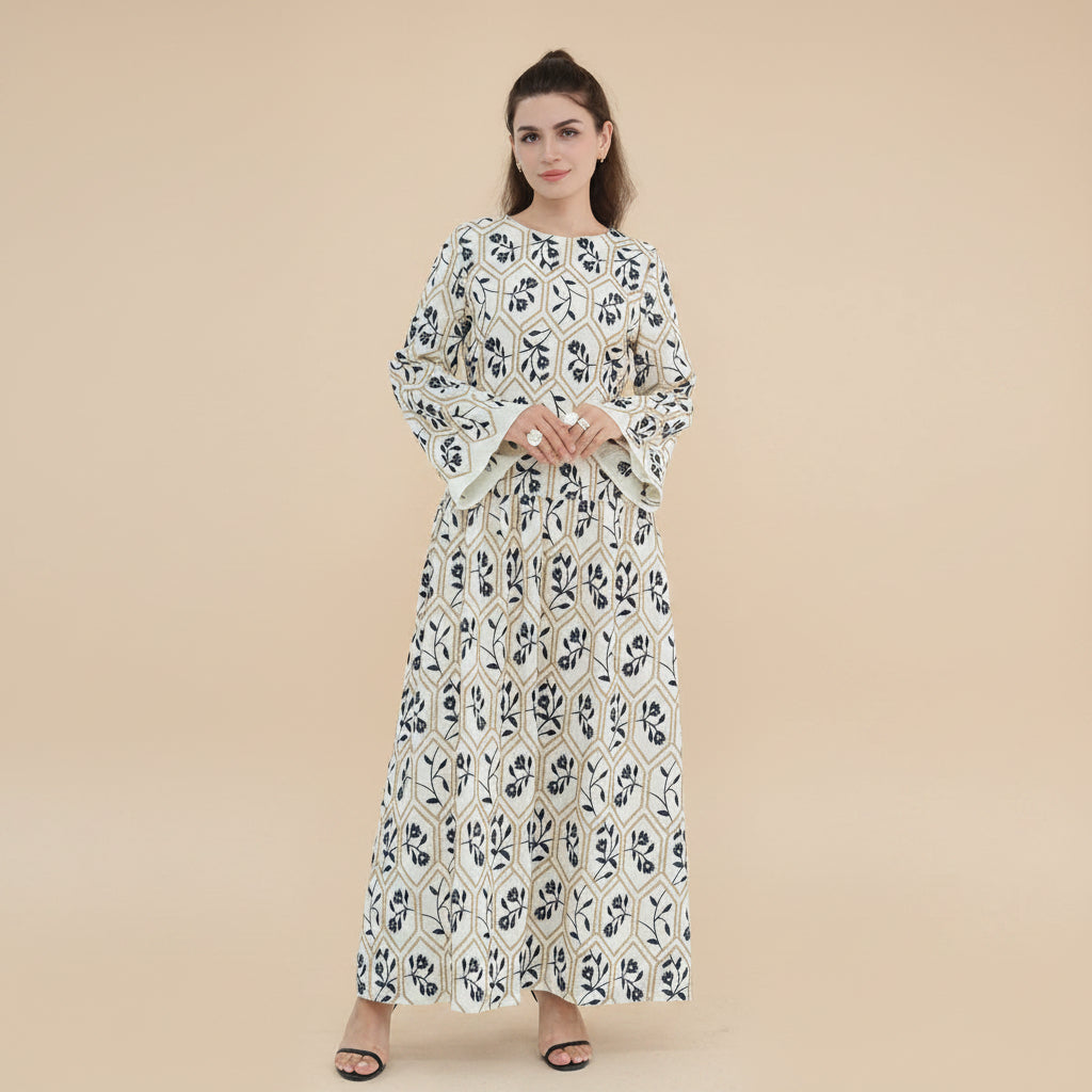 Embroidery Abaya Dress With Linen For Women - Black/Apricot - #261095