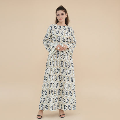 Embroidery Abaya Dress With Linen For Women - Black/Apricot - #261095