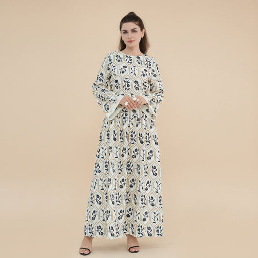 Embroidery Abaya Dress With Linen For Women - Black/Apricot - #261095