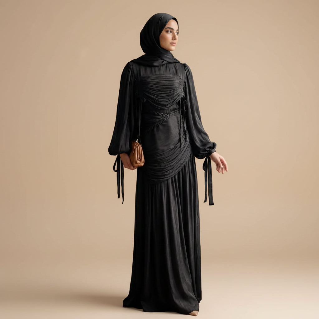 Luxury Puff Sleeve Collar Pleated Abaya Dress #261238
