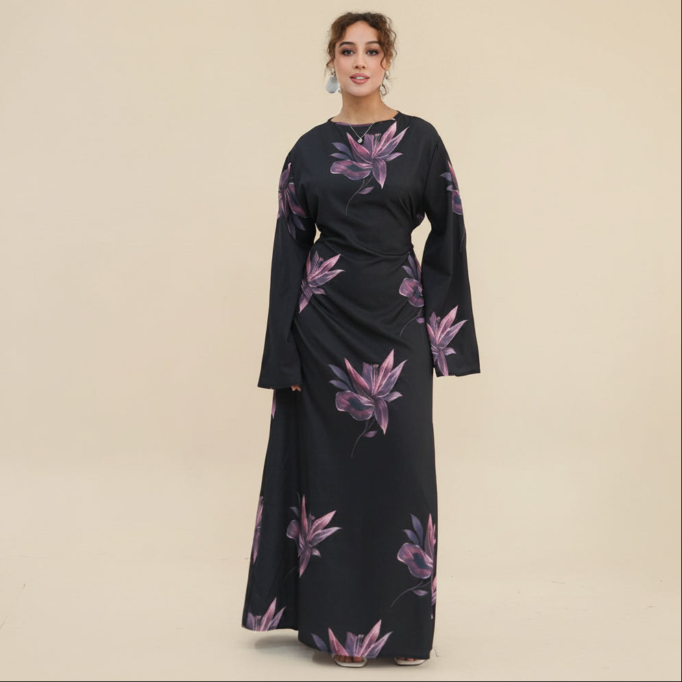 Printed Abaya Dress For Women - Black/Pink/Maroon - #261277