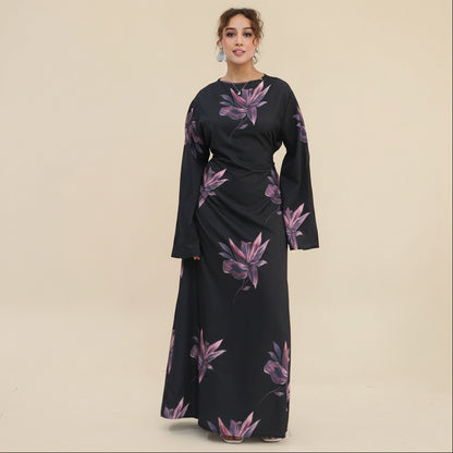 Printed Abaya Dress For Women - Black/Pink/Maroon - #261277