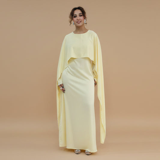 Muslim Women Embellished Beads Cape Satin Abaya Dress #261134