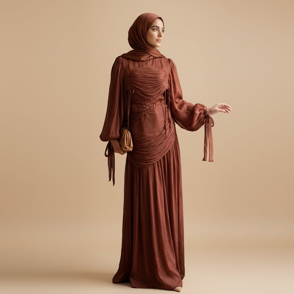 Luxury Puff Sleeve Collar Pleated Abaya Dress #261238