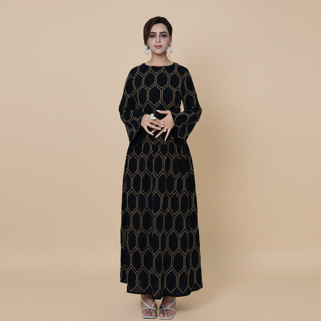 Embroidery Abaya Dress With Linen For Women - Black/Apricot - #261095